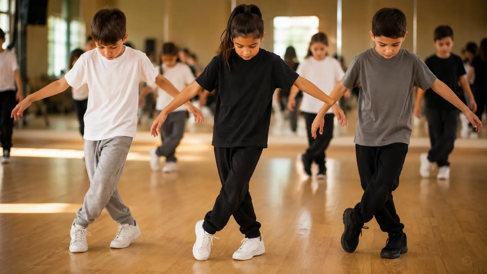 Tres niños de una clase de baile infantil en Vigo aprendiendo un paso de baile urbano