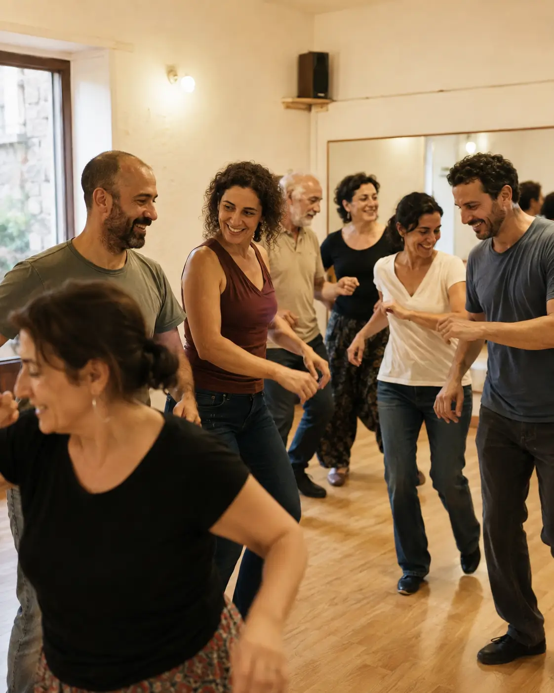 Grupo de adultos en una clase de baile en Vigo, bailando y riéndose en una sala con suelo de madera y espejos