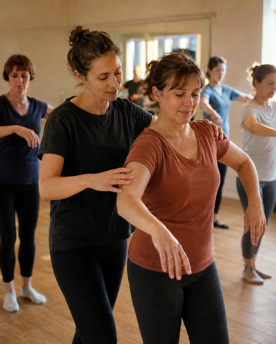 Profesora de baile corrigiendo la postura del brazo y el hombro a una alumna adulta durante una clase en Vigo