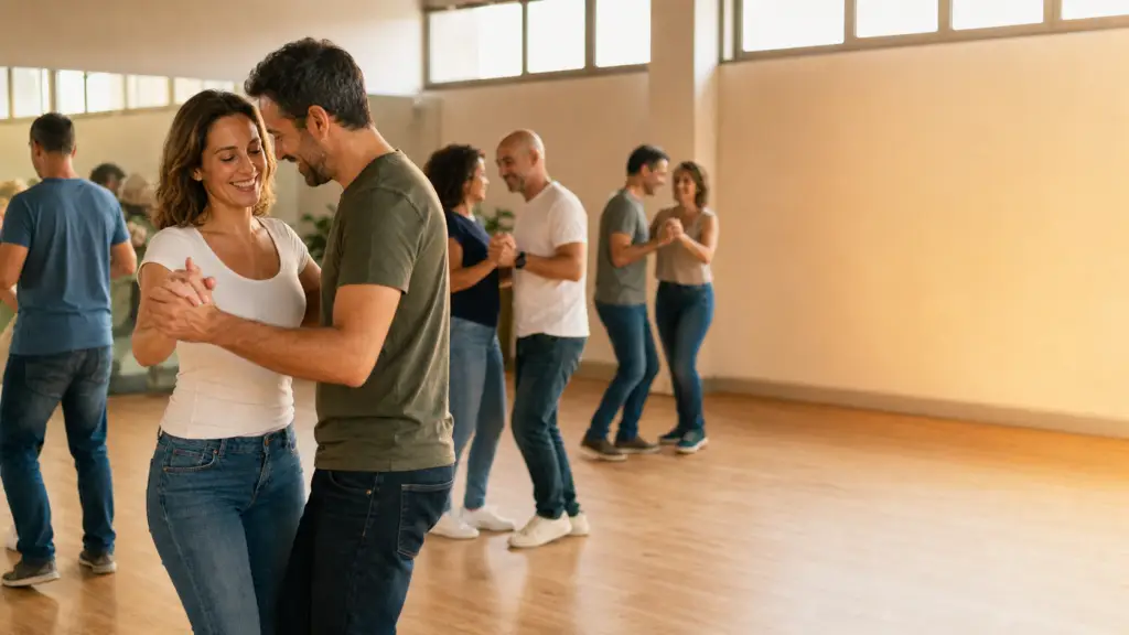 Parejas de adultos en una clase de baile latino en Vigo, en una sala con suelo de madera y luz natural